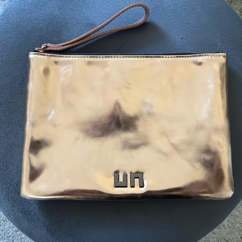Metallic Rose Gold Wristlet Clutch with Logo